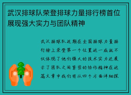 武汉排球队荣登排球力量排行榜首位展现强大实力与团队精神